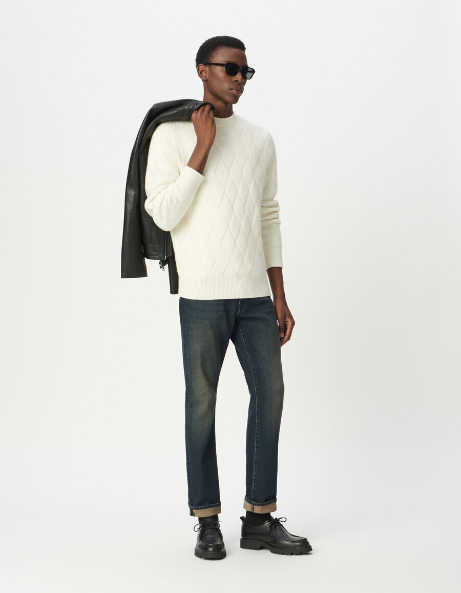 maglione da uomo in maglia di misto lana bianca con effetto intrecciato