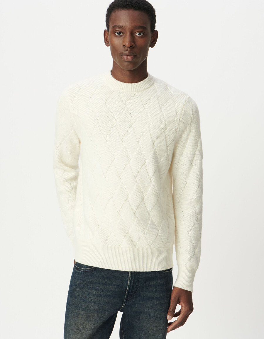 maglione da uomo in maglia di misto lana bianca con effetto intrecciato