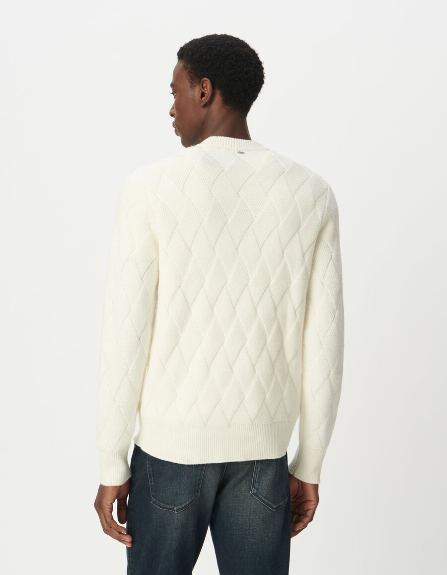 maglione da uomo in maglia di misto lana bianca con effetto intrecciato