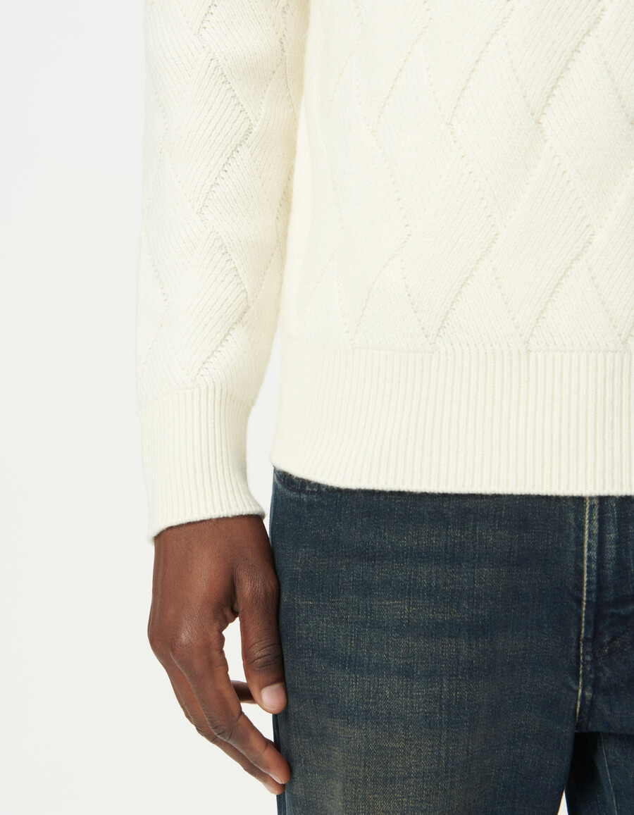 maglione da uomo in maglia di misto lana bianca con effetto intrecciato