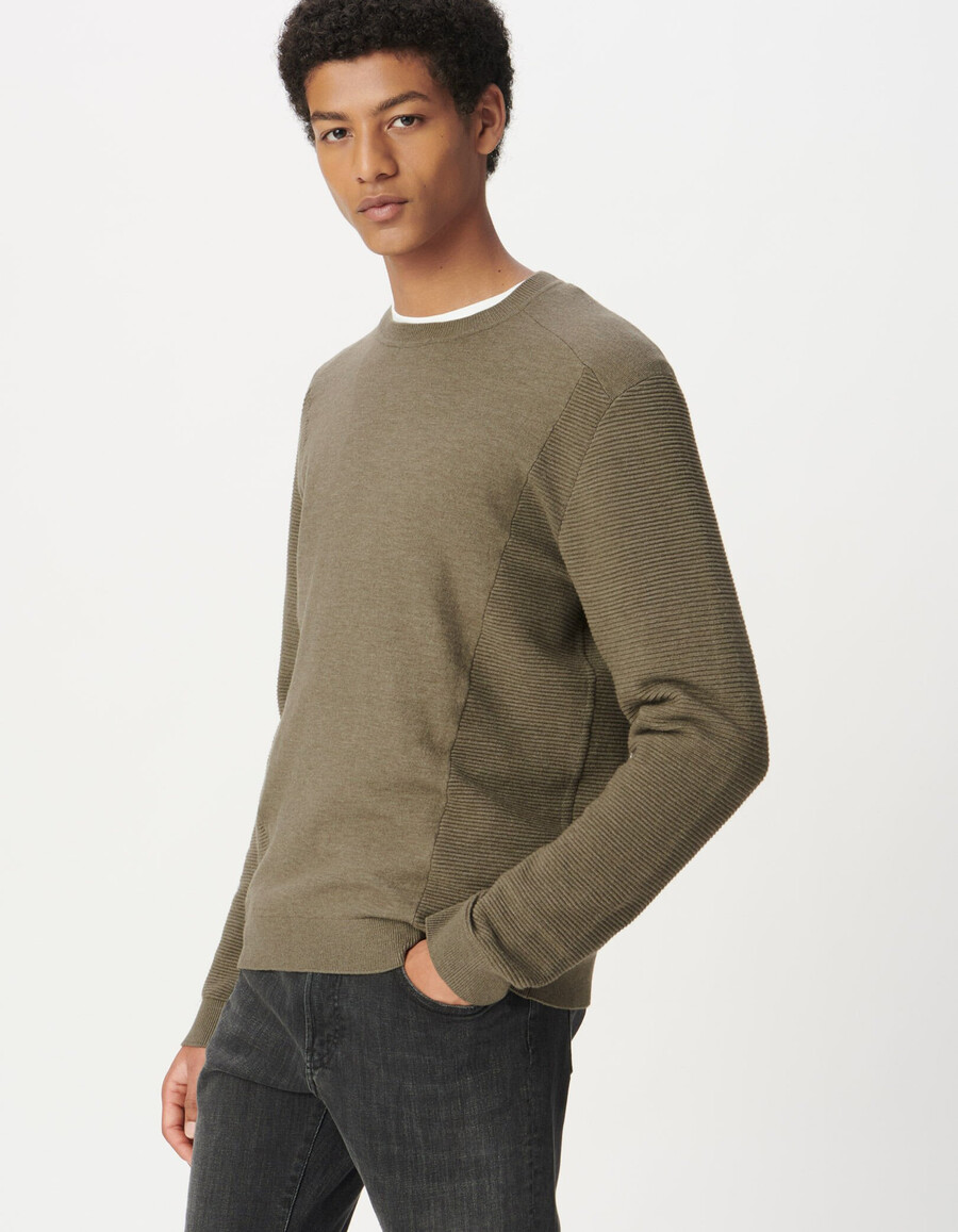 maglione da uomo in maglia seawool beige lati e maniche testurizzati