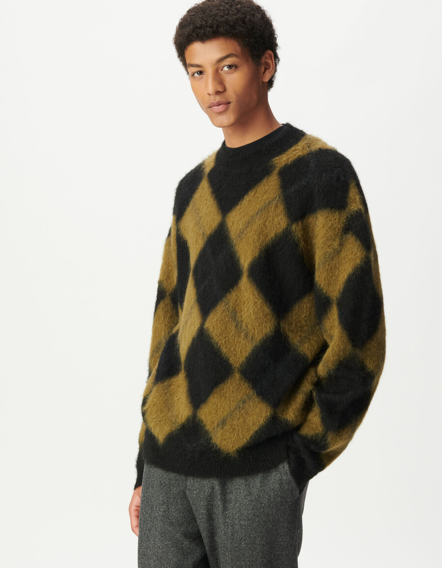 maglione lavorato a maglia da uomo con motivo a quadri color cachi e nero