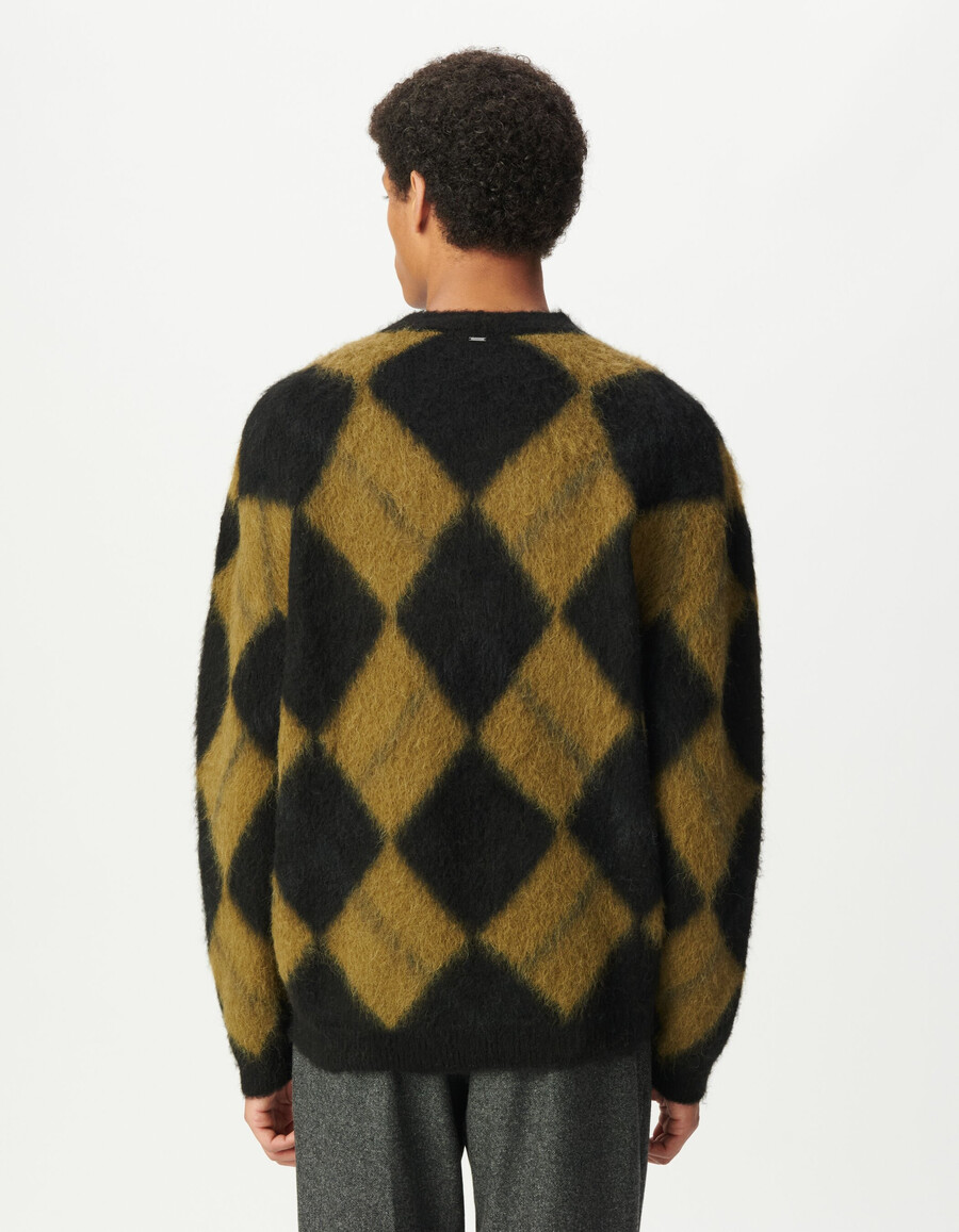 maglione lavorato a maglia da uomo con motivo a quadri color cachi e nero