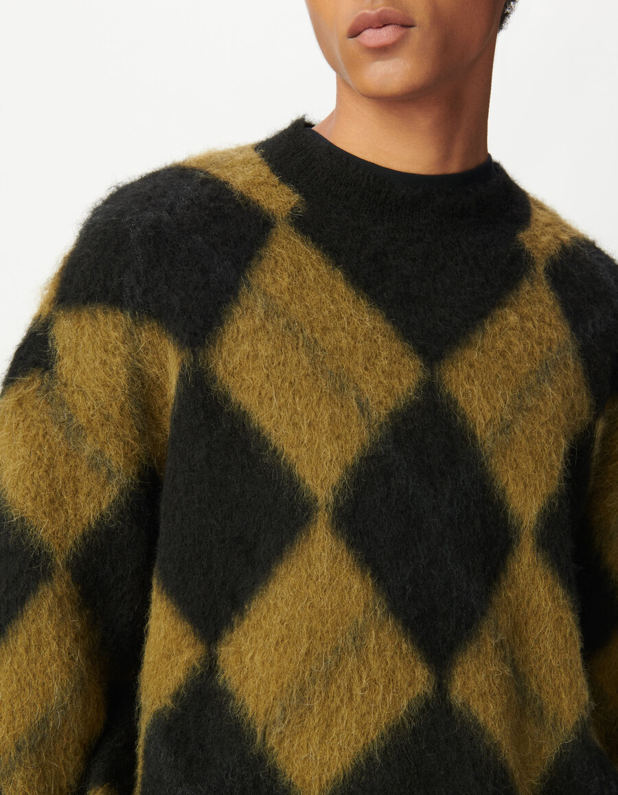 maglione lavorato a maglia da uomo con motivo a quadri color cachi e nero
