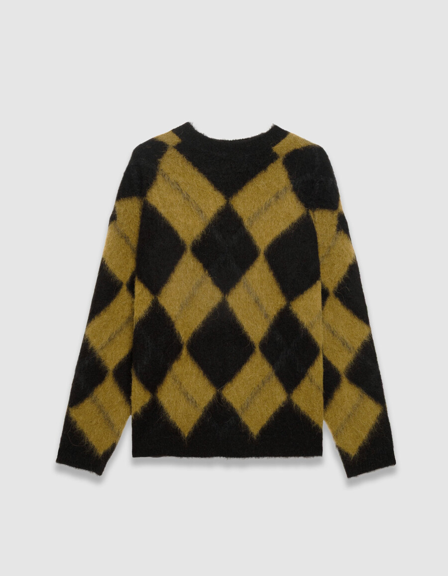 maglione lavorato a maglia da uomo con motivo a quadri color cachi e nero