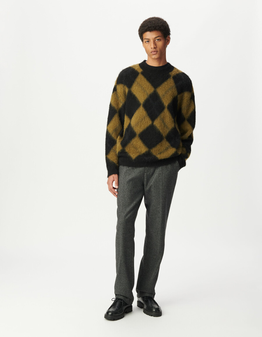 maglione lavorato a maglia da uomo con motivo a quadri color cachi e nero