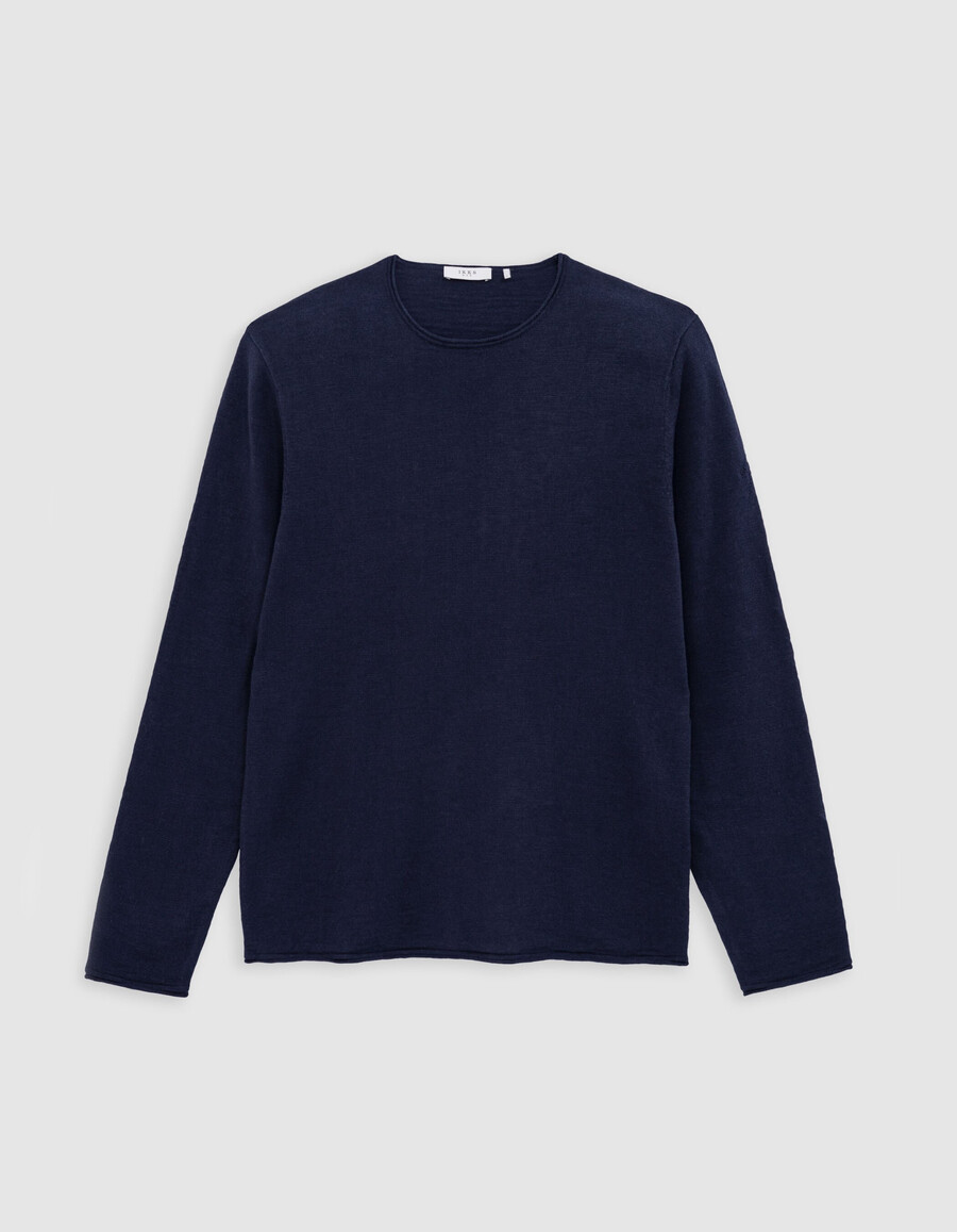 maglione blu navy a maglia fine da uomo con bordi arrotolati
