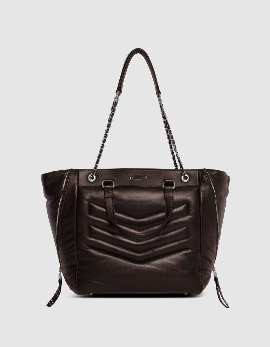 borsa tote da donna in pelle trapuntata marrone 1440 con cerniere taglia l