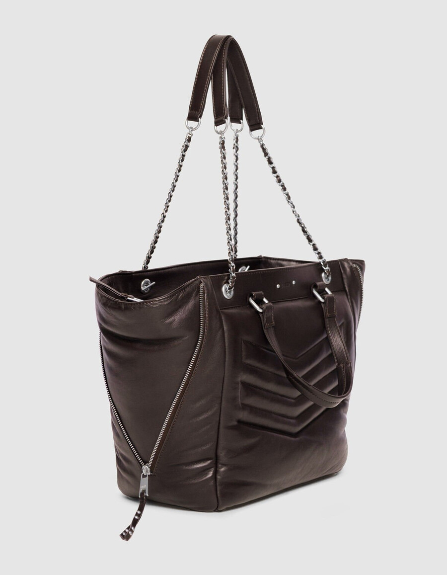 borsa tote da donna in pelle trapuntata marrone 1440 con cerniere taglia l