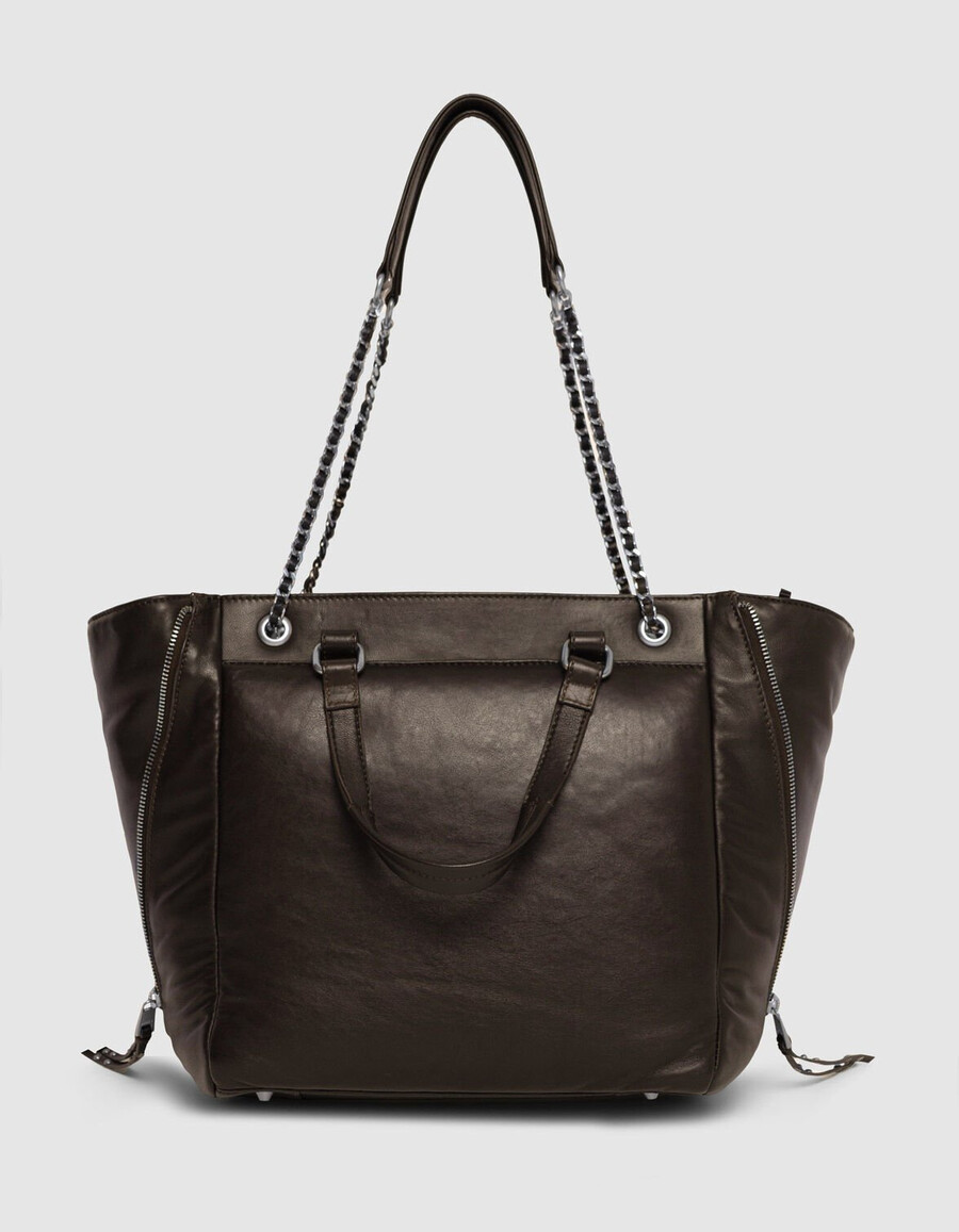 borsa tote da donna in pelle trapuntata marrone 1440 con cerniere taglia l