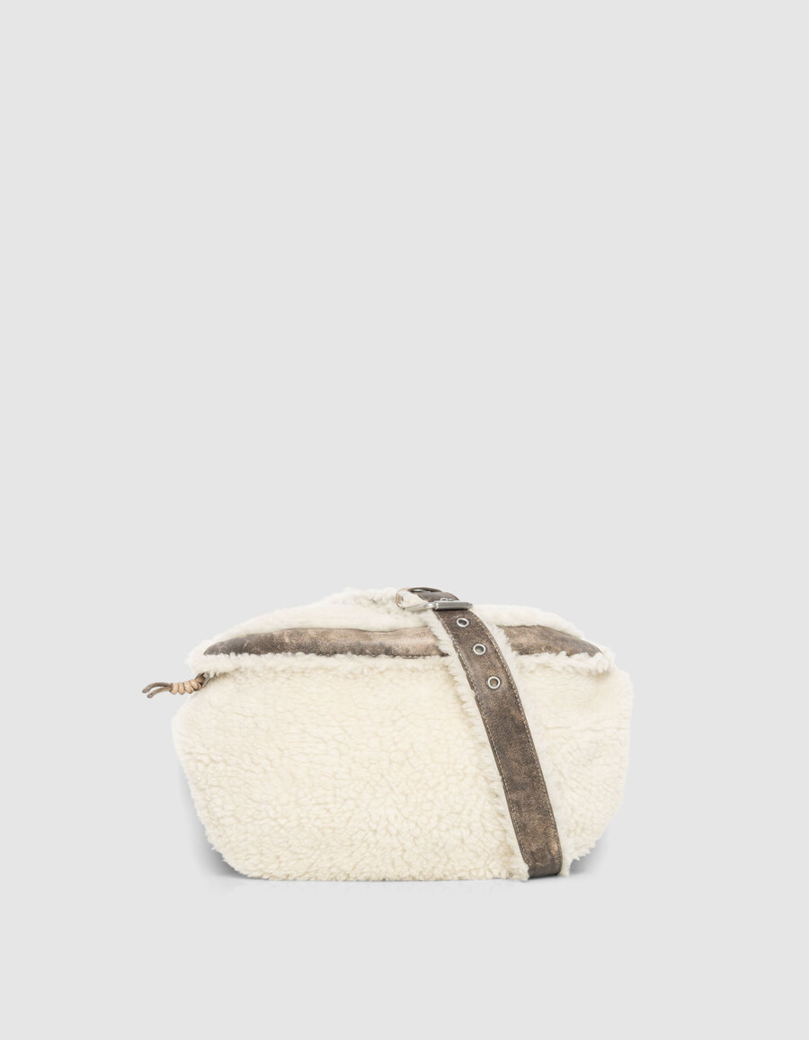 marsupio da donna in misto pelle e shearling bianco sporco