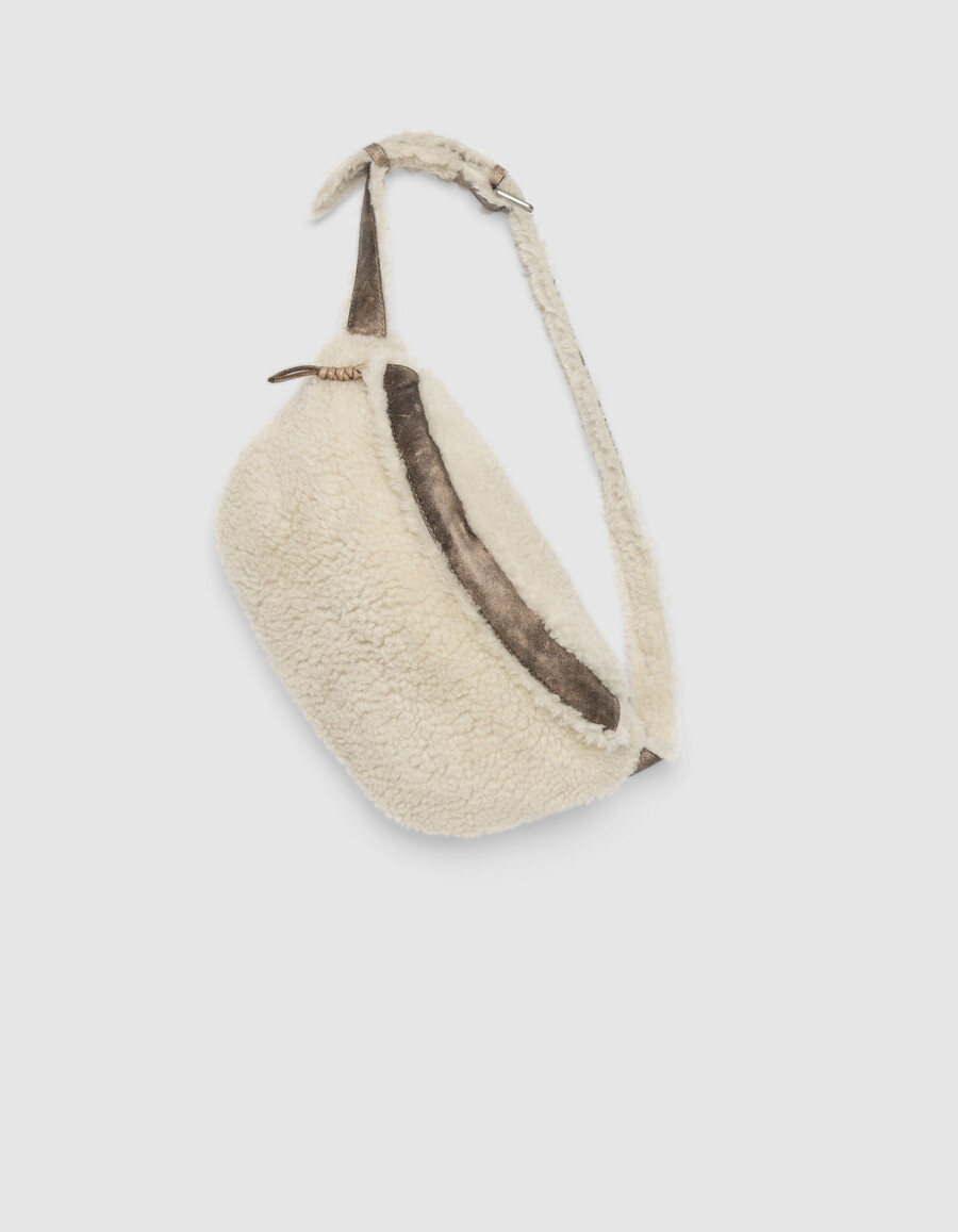 marsupio da donna in misto pelle e shearling bianco sporco