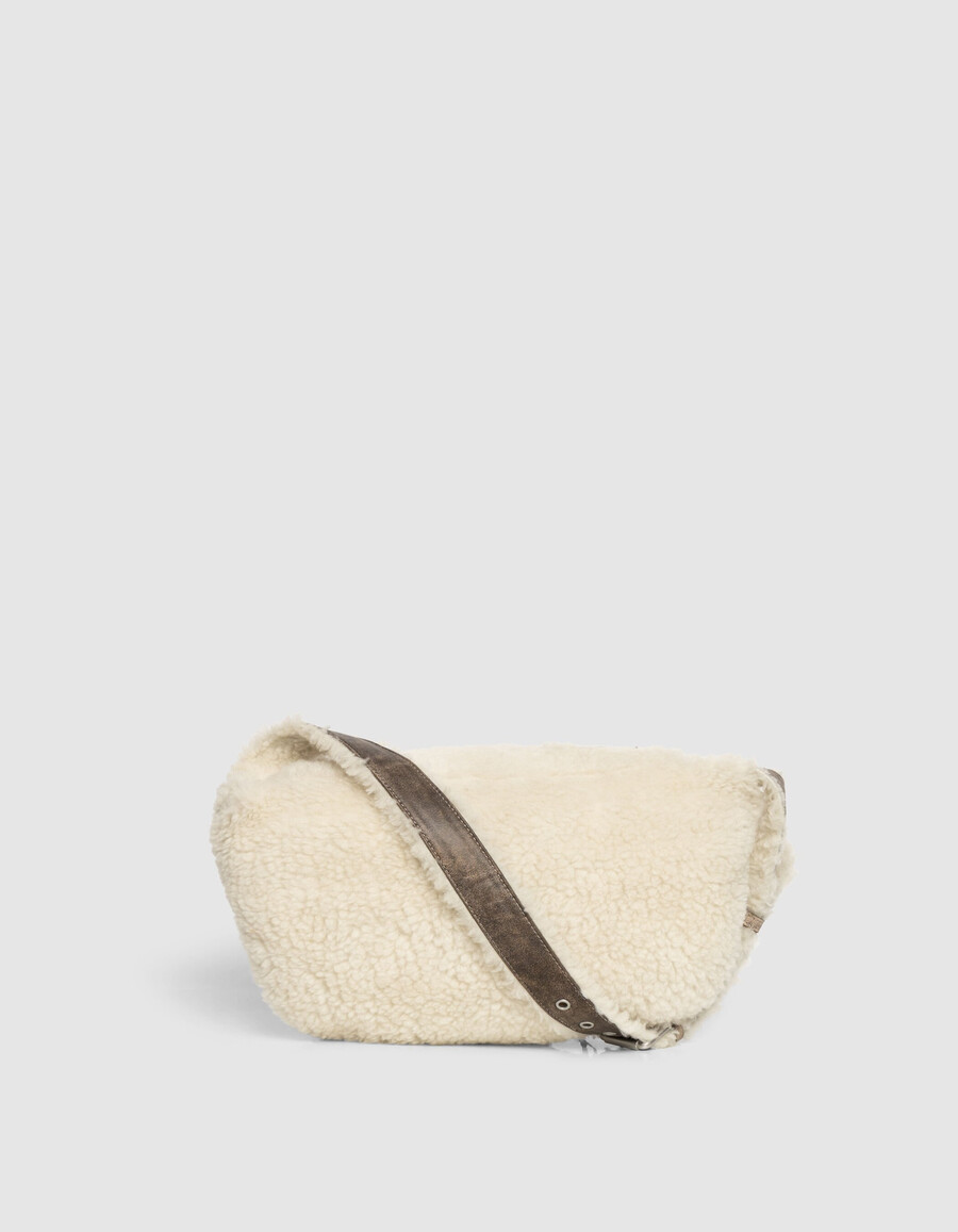 marsupio da donna in misto pelle e shearling bianco sporco