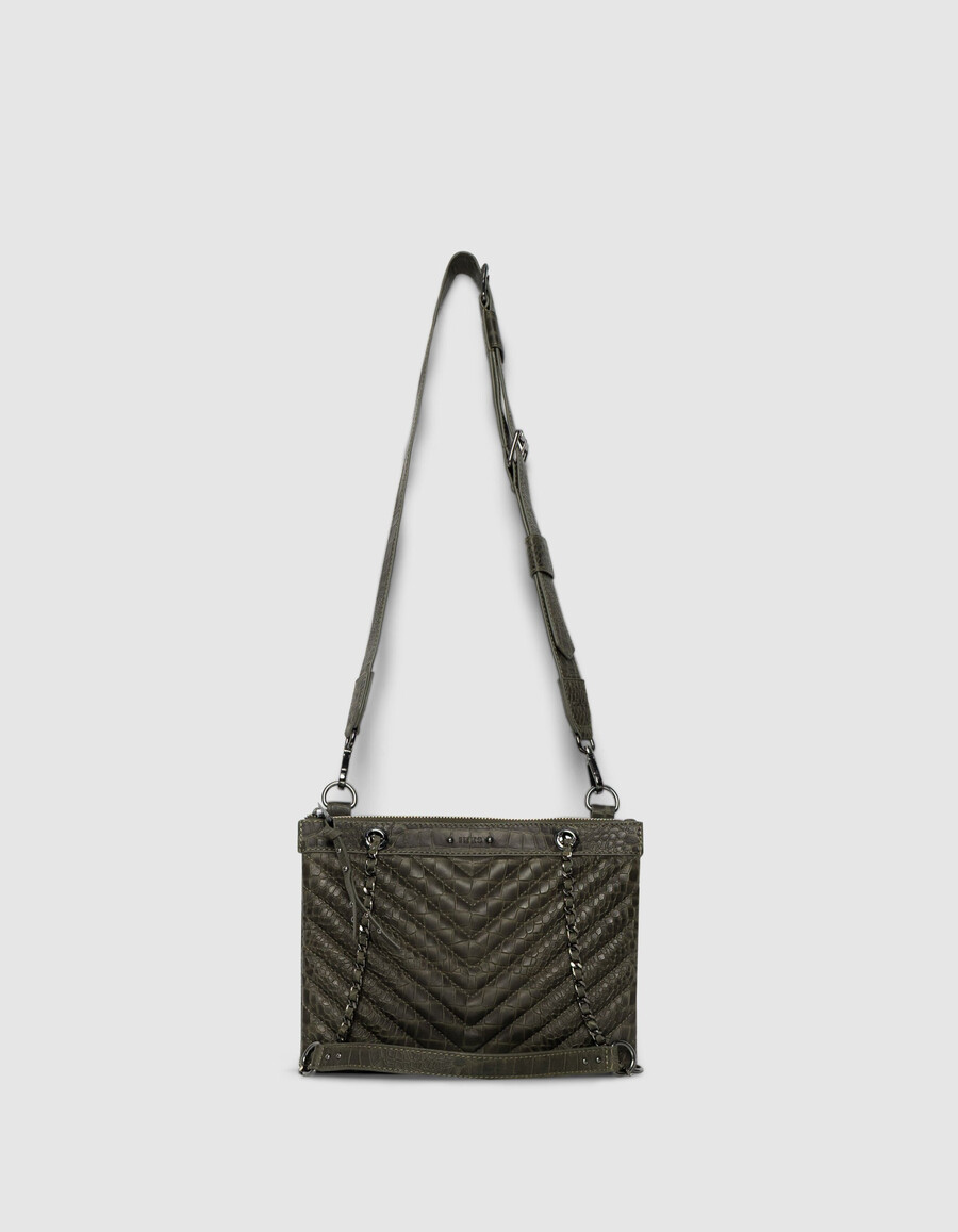 borsa a mano da donna modello reporter 1440 in pelle effetto coccodrillo color cachi