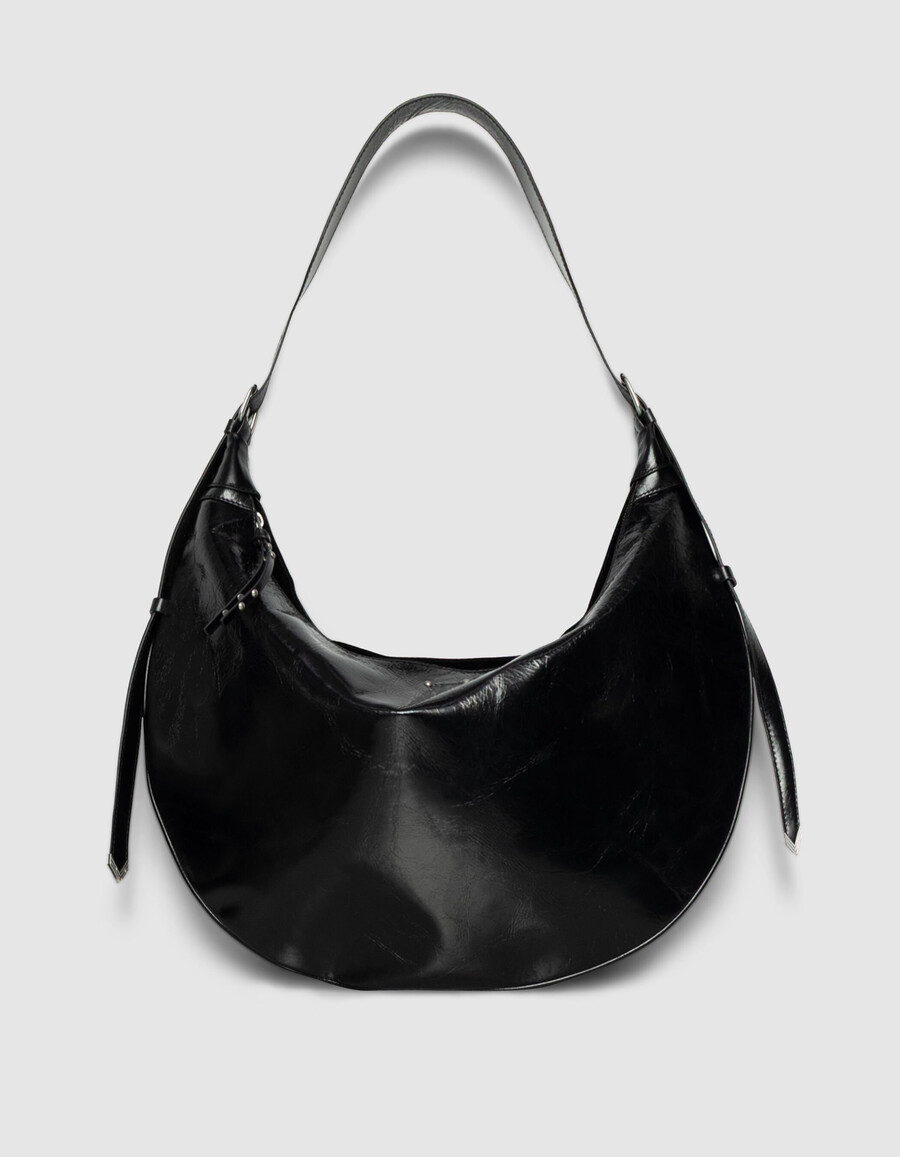 borsa a mezzaluna allane in pelle smaltata nera da donna