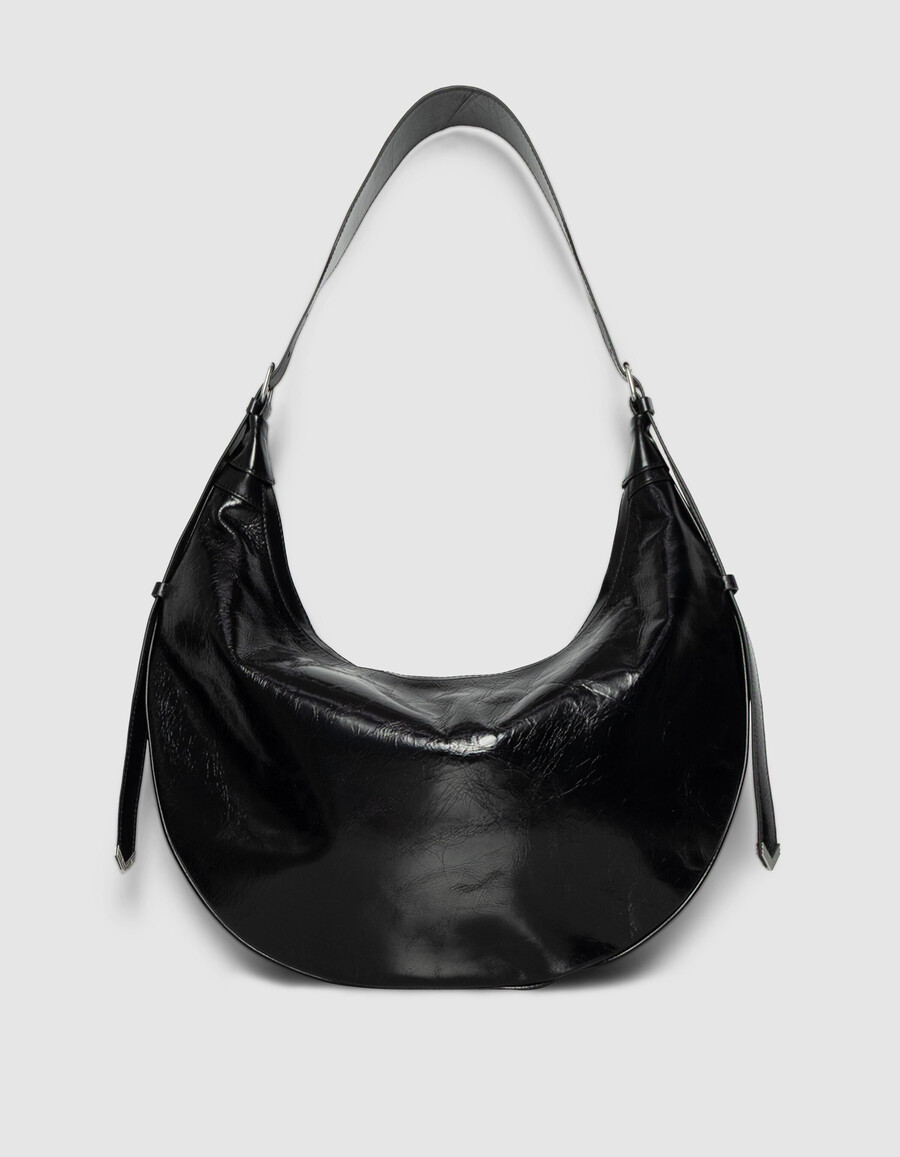 borsa a mezzaluna allane in pelle smaltata nera da donna