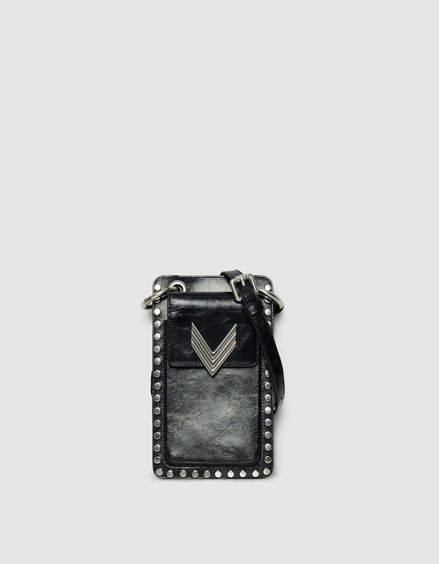 borsa per telefono the 111 in pelle verniciata nera con borchie da donna