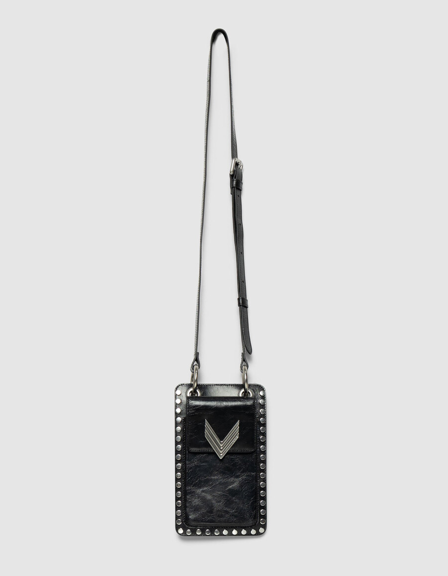 borsa per telefono the 111 in pelle verniciata nera con borchie da donna