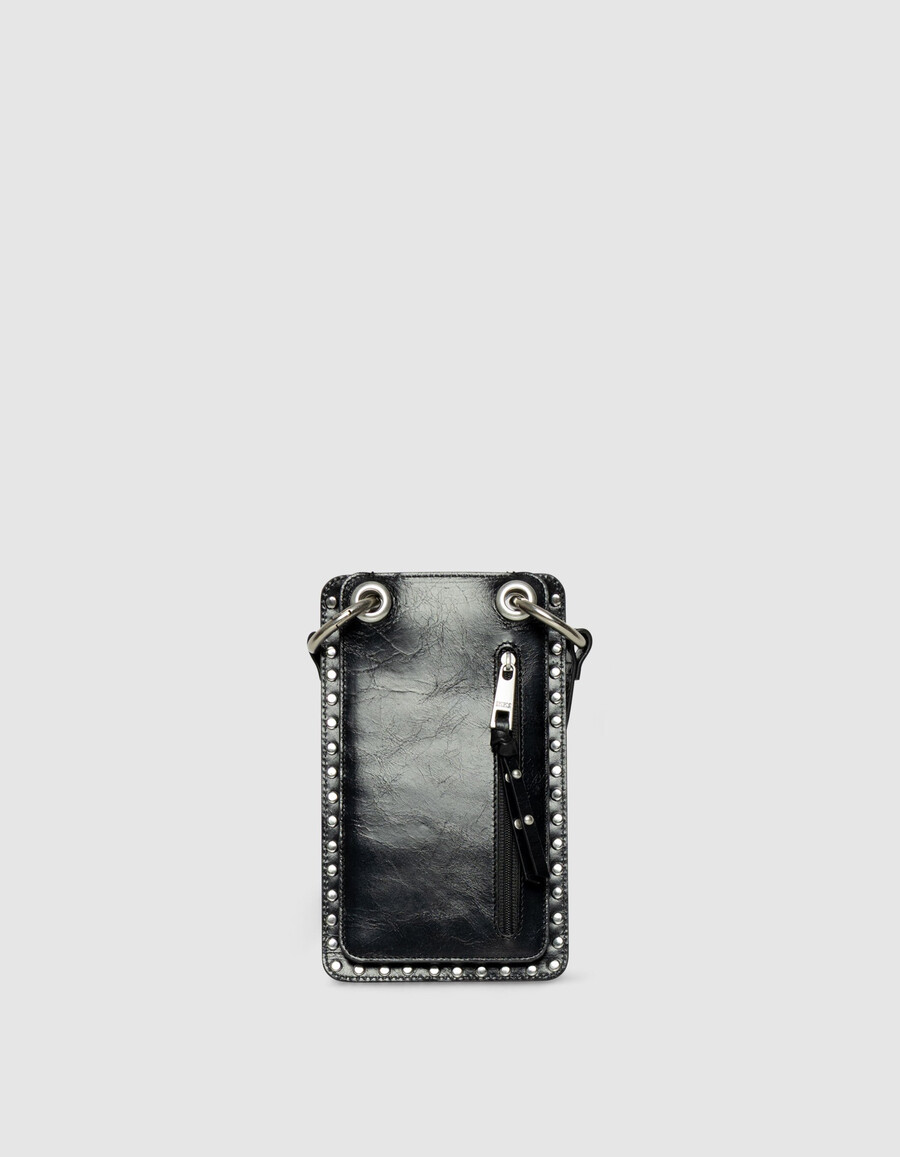 borsa per telefono the 111 in pelle verniciata nera con borchie da donna