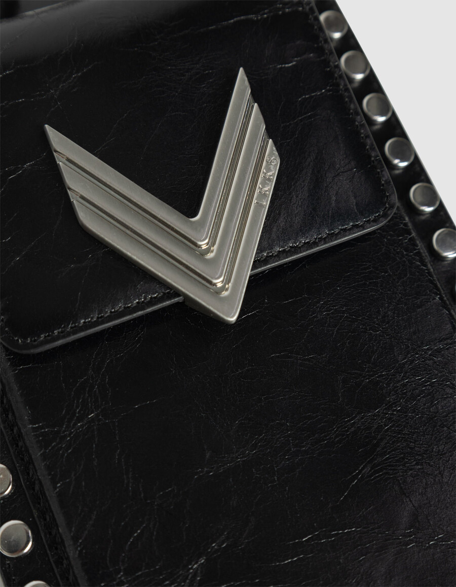 borsa per telefono the 111 in pelle verniciata nera con borchie da donna