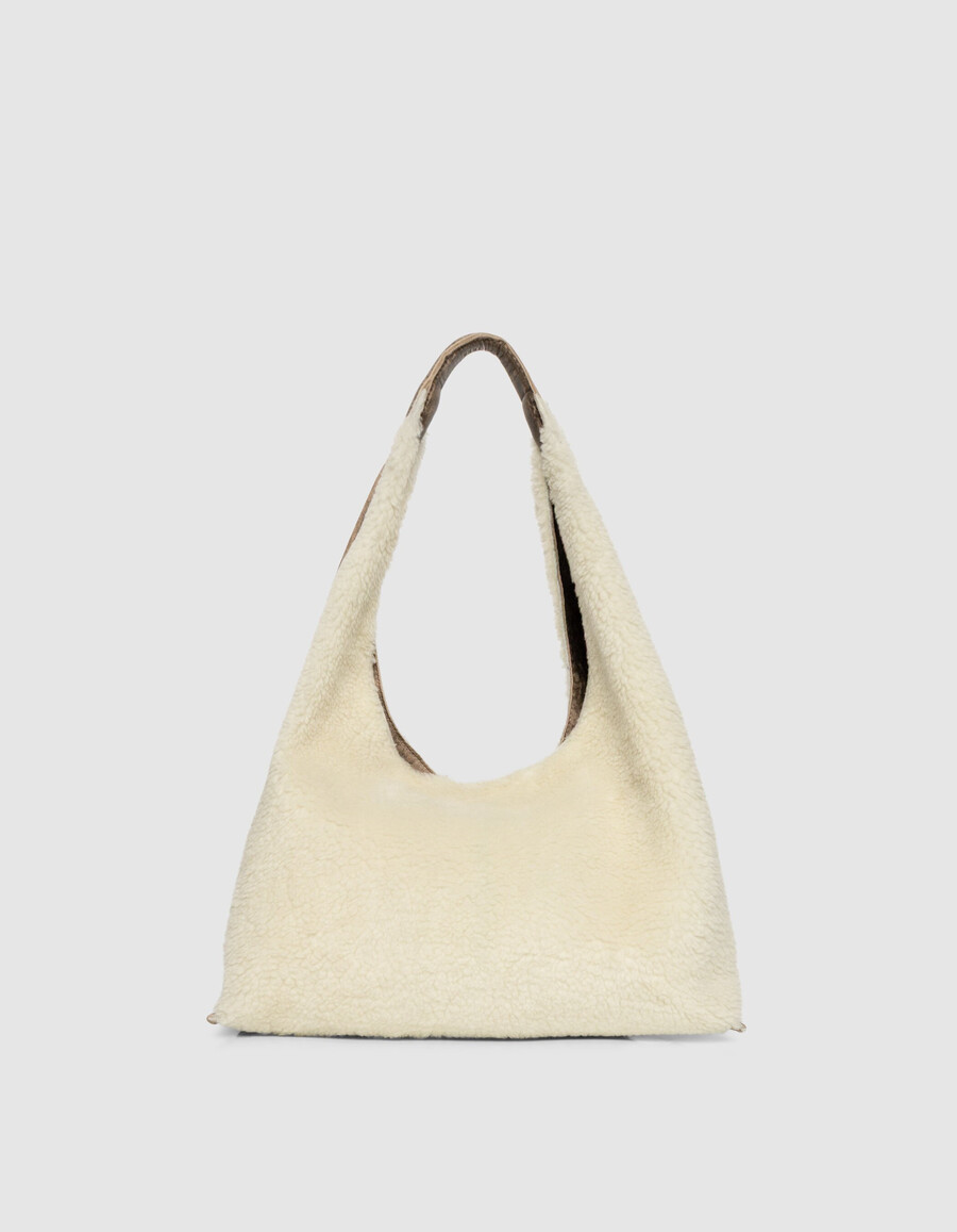 borsa hobo da donna in misto pelle e shearling bianco sporco