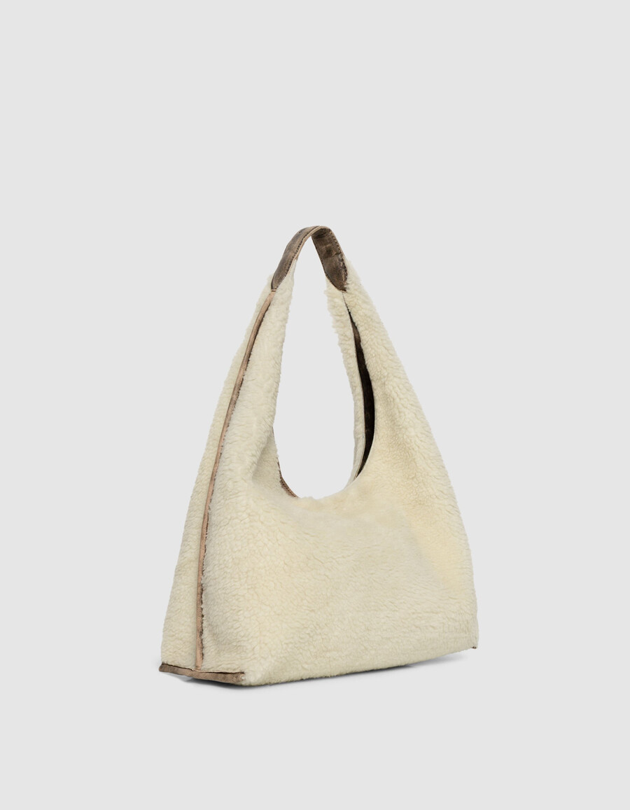 borsa hobo da donna in misto pelle e shearling bianco sporco