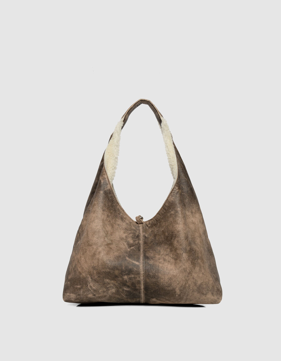 borsa hobo da donna in misto pelle e shearling bianco sporco