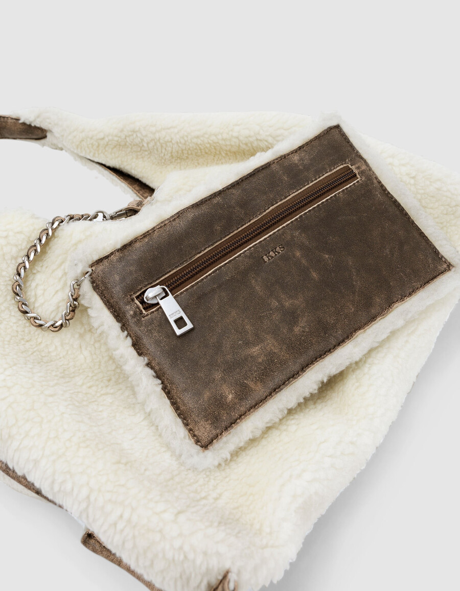 borsa hobo da donna in misto pelle e shearling bianco sporco