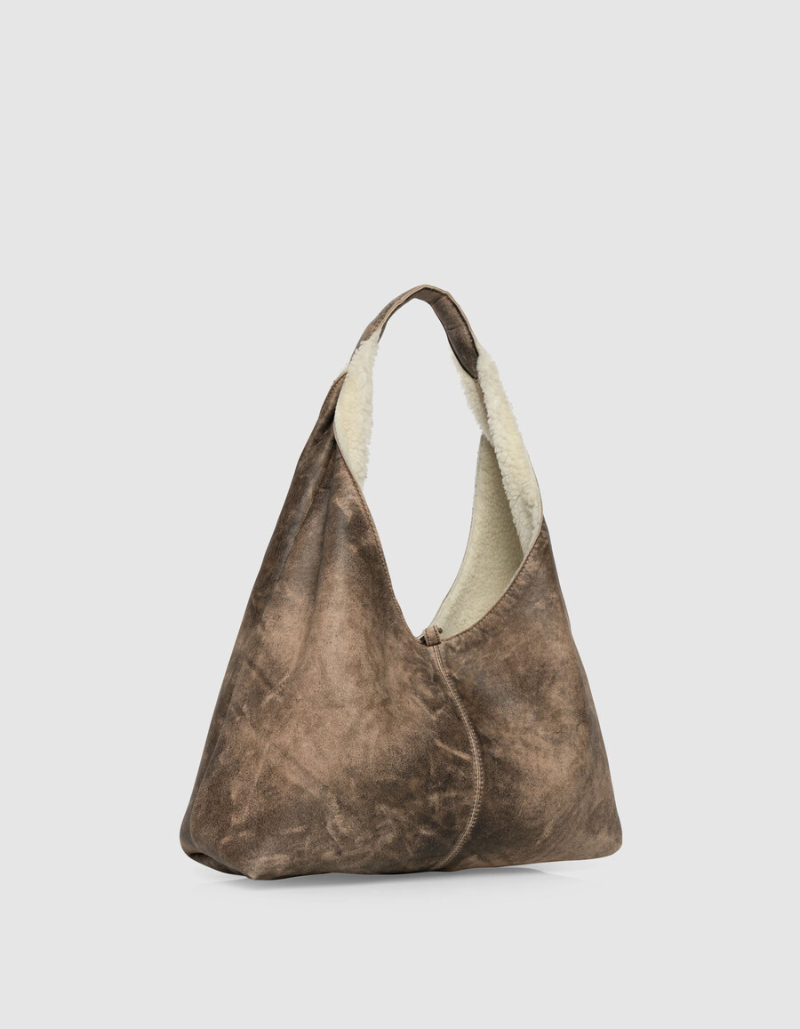 borsa hobo da donna in misto pelle e shearling bianco sporco
