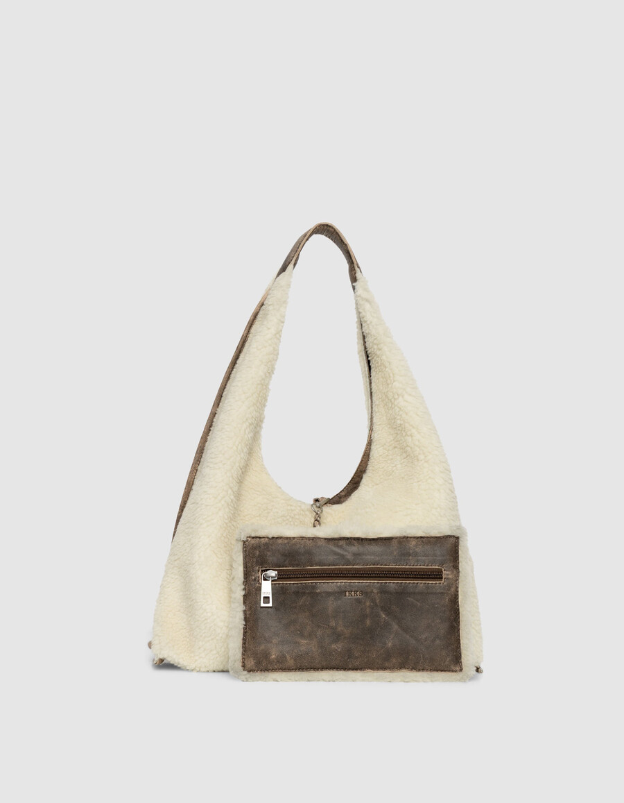 borsa hobo da donna in misto pelle e shearling bianco sporco