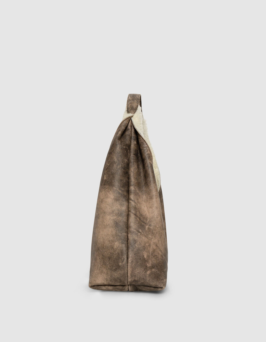 borsa hobo da donna in misto pelle e shearling bianco sporco
