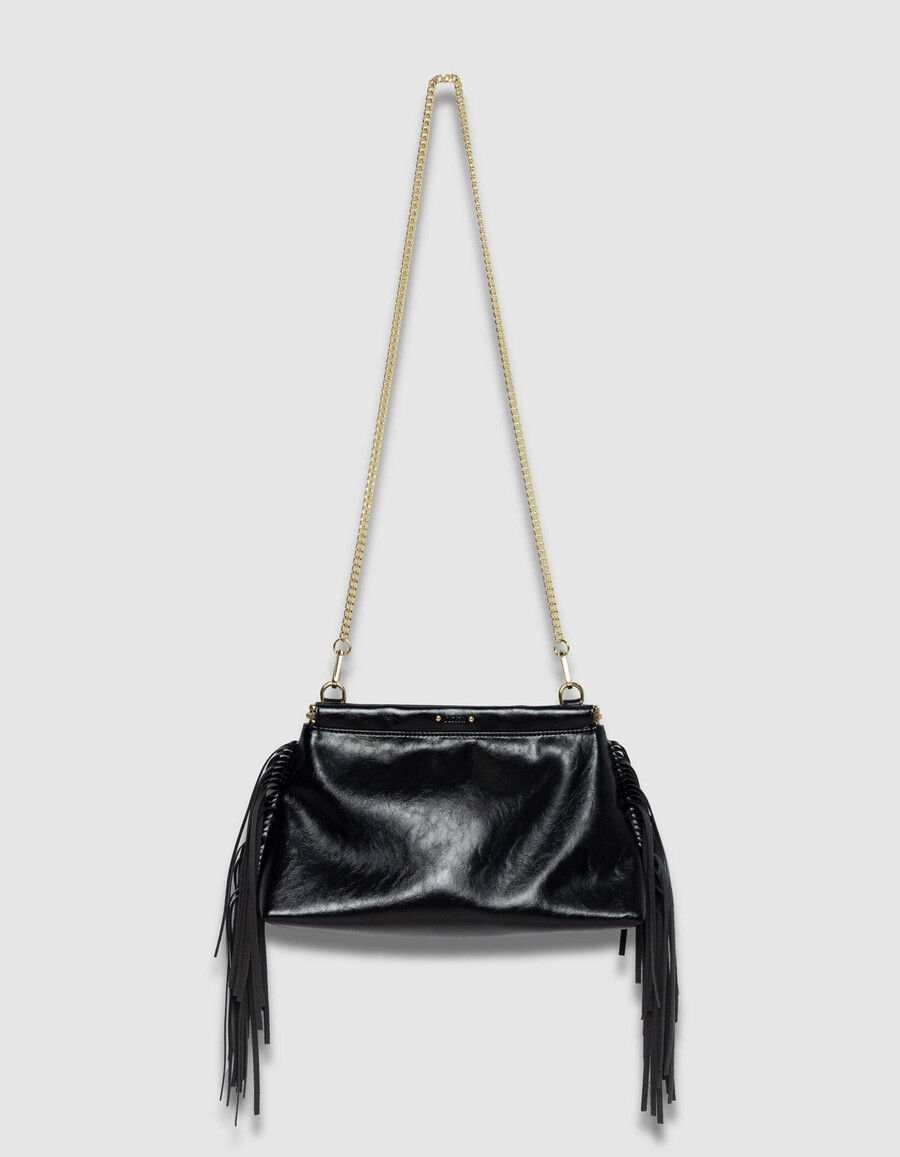 borsa a mano con frange in pelle smaltata nera da donna