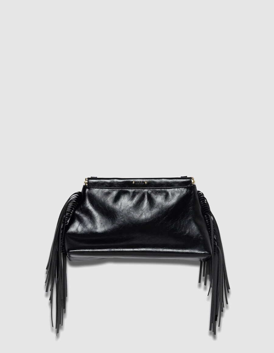 borsa a mano con frange in pelle smaltata nera da donna