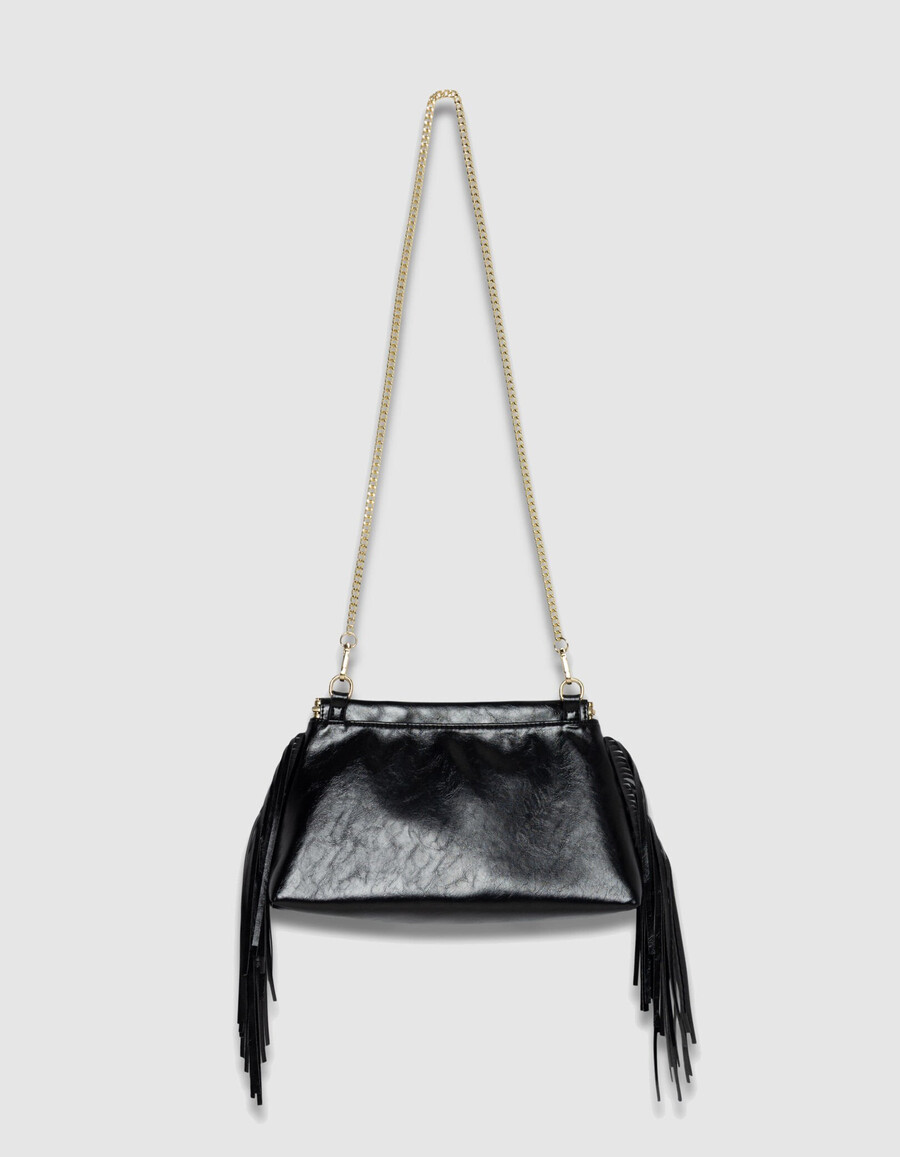 borsa a mano con frange in pelle smaltata nera da donna