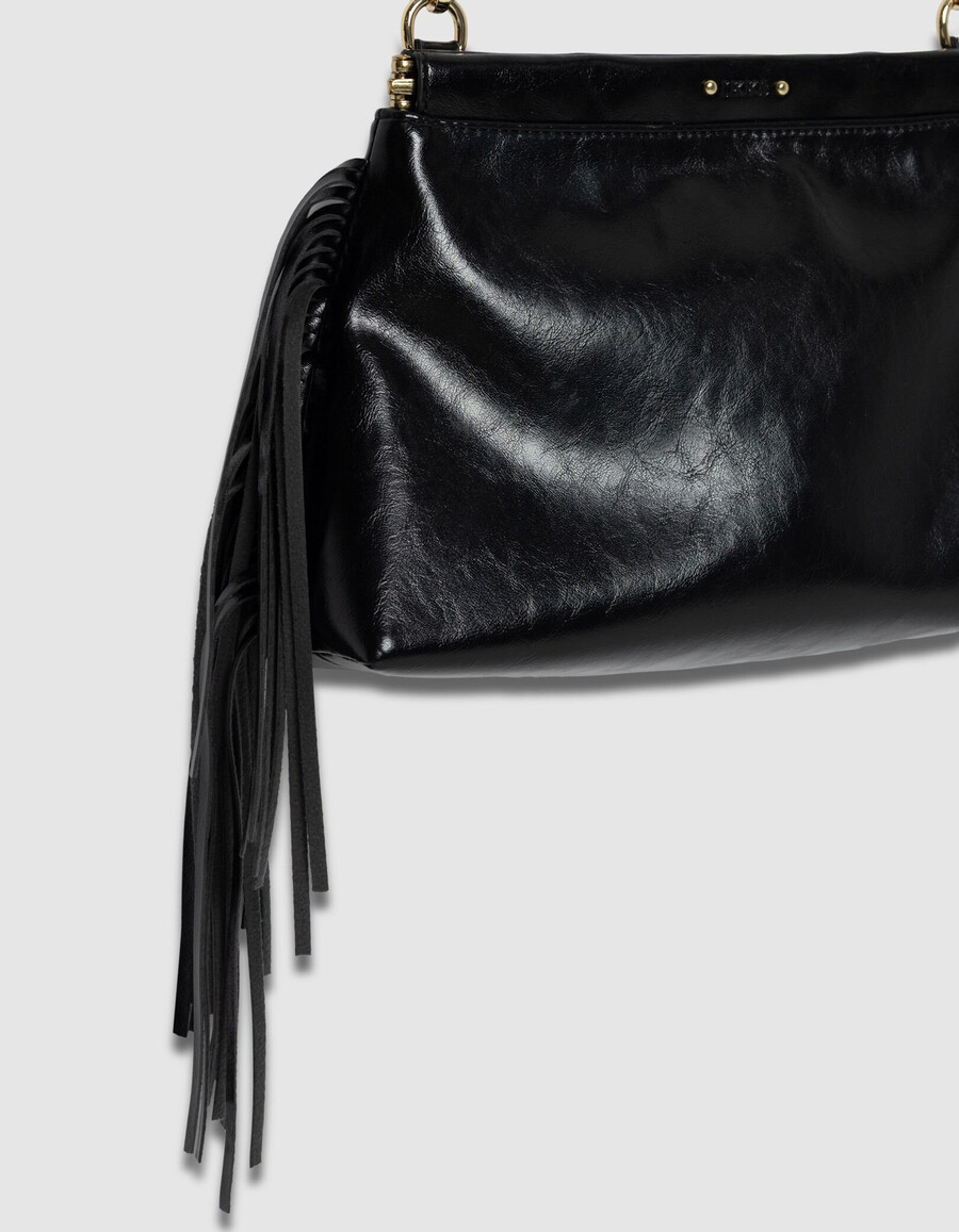 borsa a mano con frange in pelle smaltata nera da donna