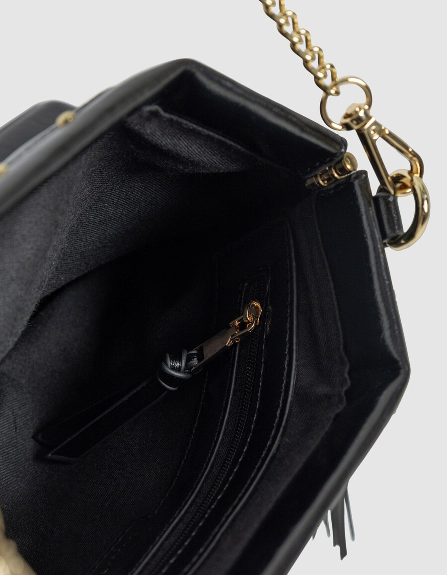 borsa a mano con frange in pelle smaltata nera da donna