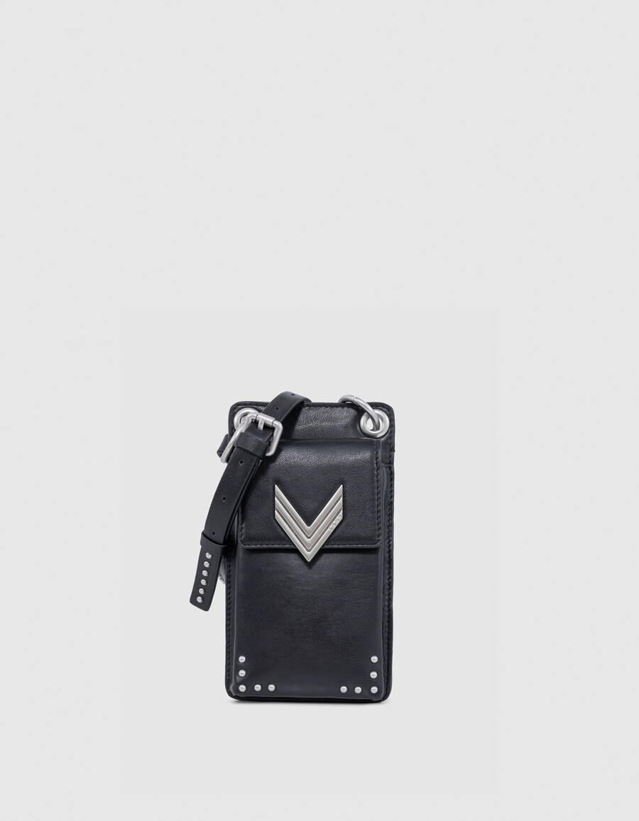 borsa porta telefono 111 in pelle nera con tracolla e borchie da donna