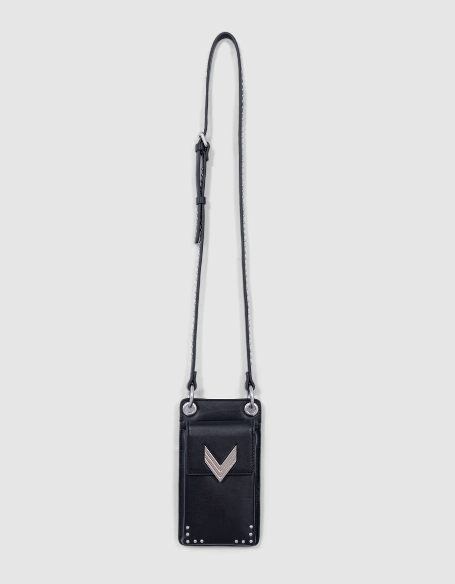 borsa porta telefono 111 in pelle nera con tracolla e borchie da donna