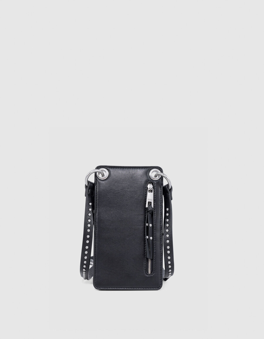 borsa porta telefono 111 in pelle nera con tracolla e borchie da donna