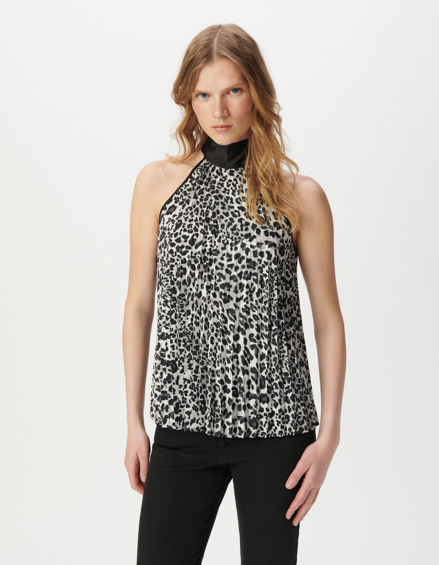 top da donna in poliestere riciclato grigio con stampa pantera