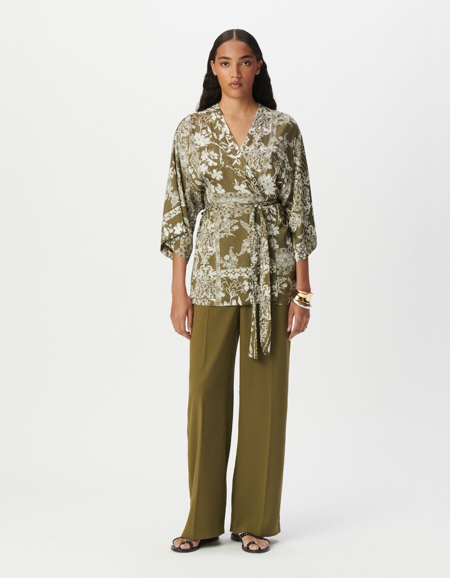 camicia kimono color cachi da donna con stampa a sciarpa
