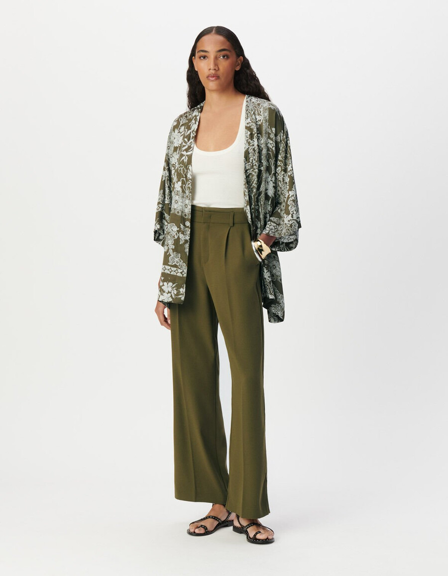 camicia kimono color cachi da donna con stampa a sciarpa