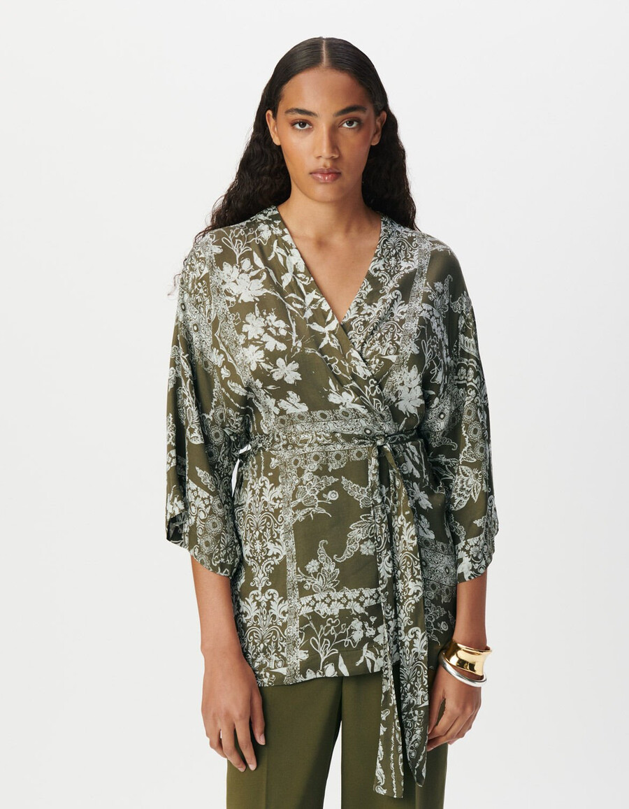 camicia kimono color cachi da donna con stampa a sciarpa