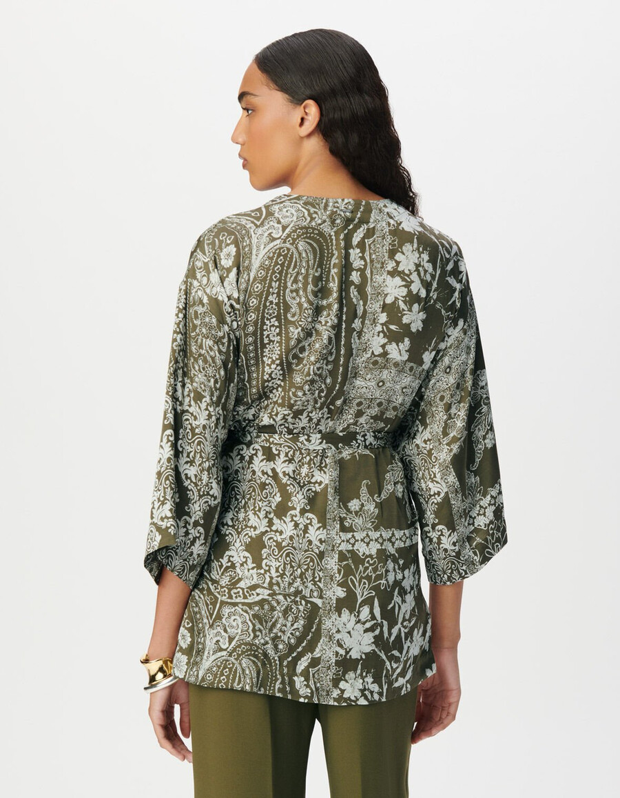 camicia kimono color cachi da donna con stampa a sciarpa