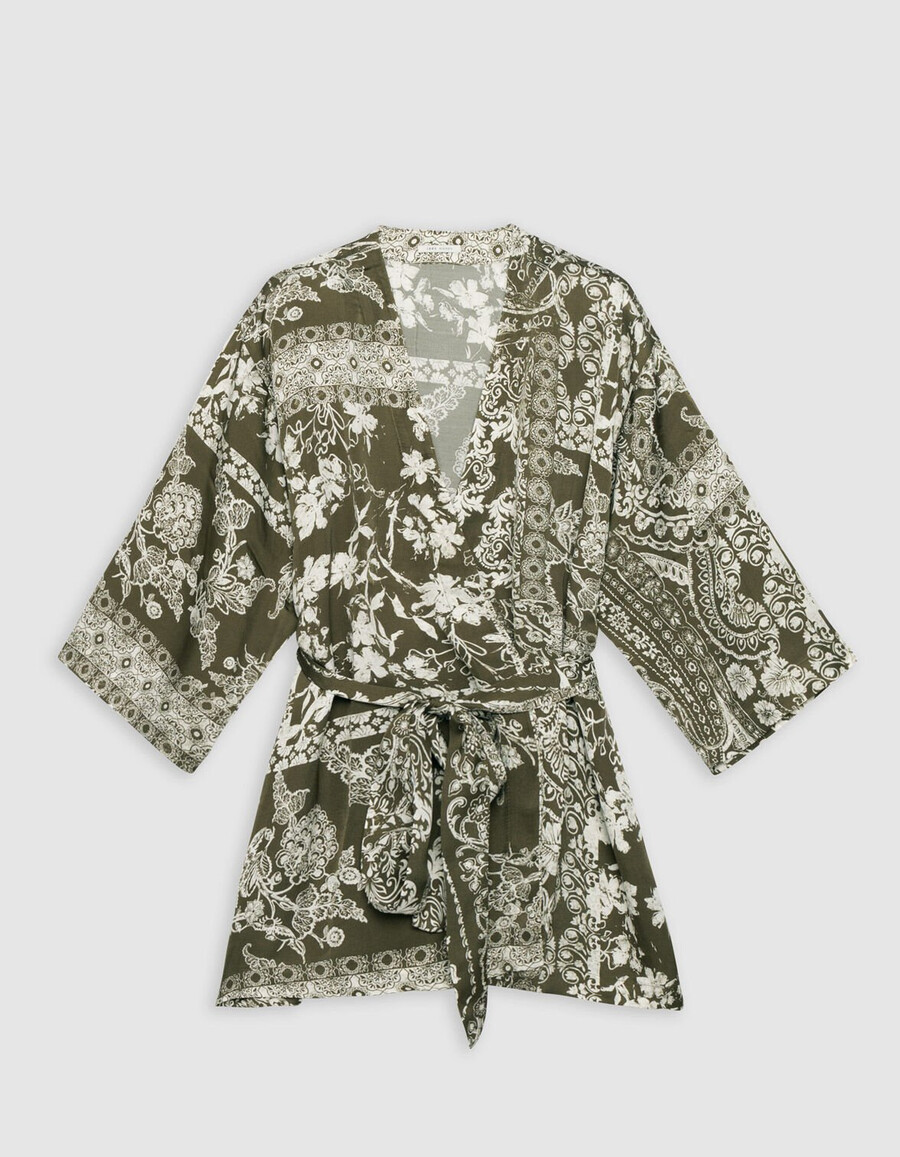 camicia kimono color cachi da donna con stampa a sciarpa