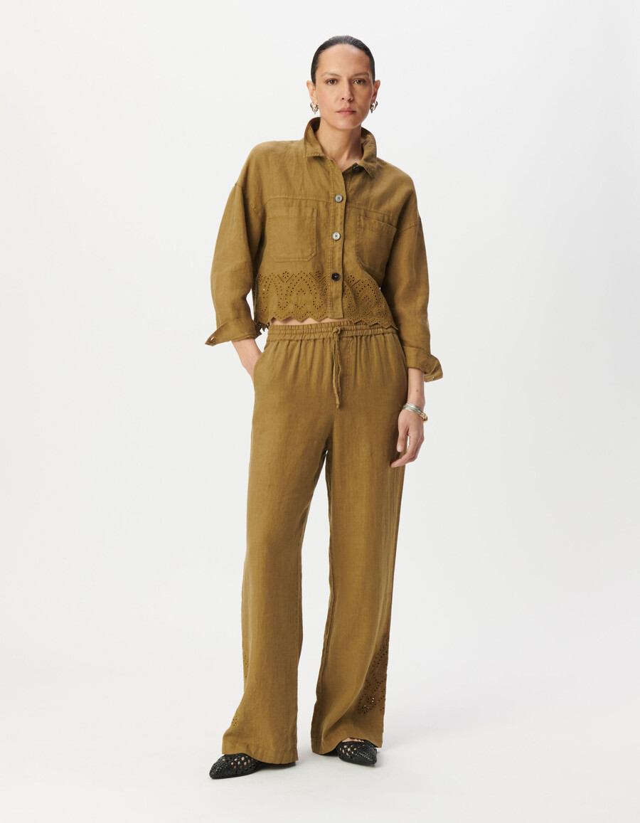 camicia corta da donna in lino ricamato color cachi