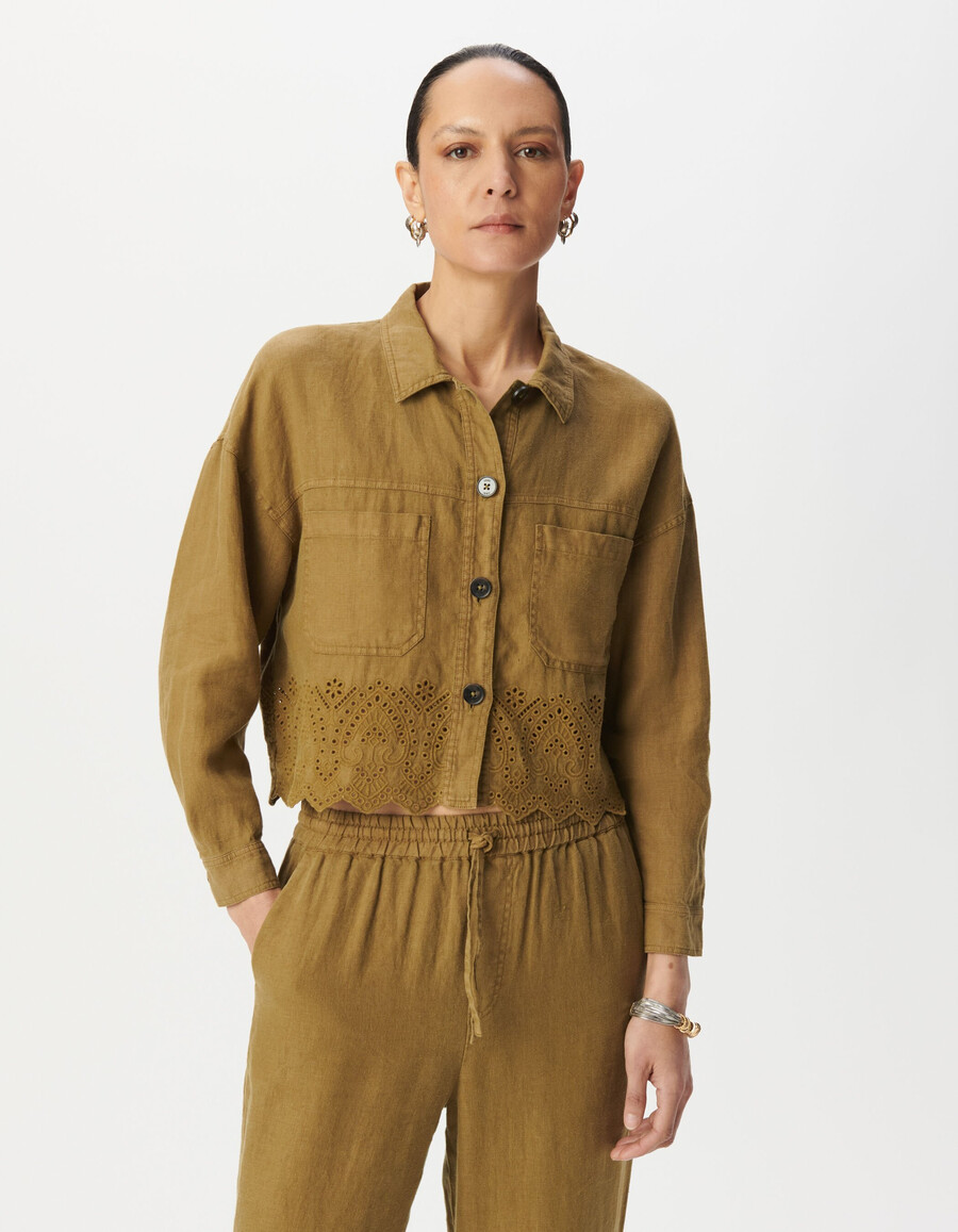 camicia corta da donna in lino ricamato color cachi