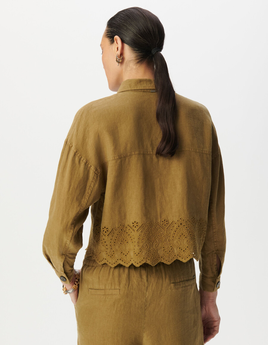 camicia corta da donna in lino ricamato color cachi
