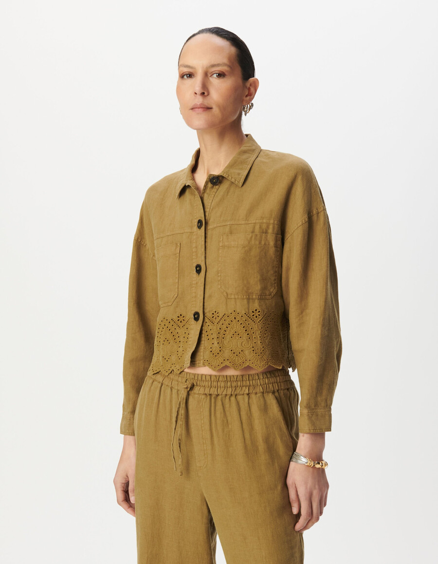 camicia corta da donna in lino ricamato color cachi