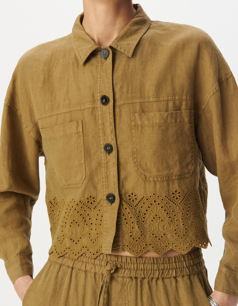 camicia corta da donna in lino ricamato color cachi